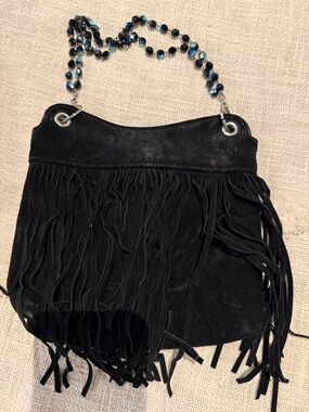 Fringed Black Suede Bag with Beaded Chain Strap